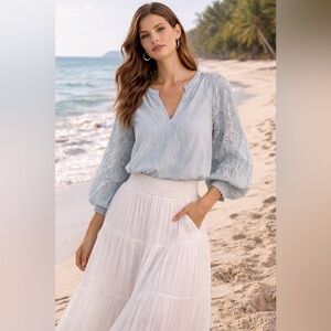 Bailey 44 Pale Blue Lace Boho Blouse Beachy Romantic Top Size M [000377]